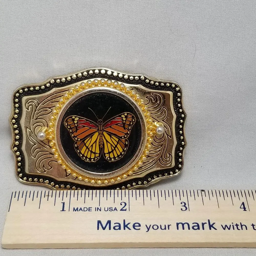 Vintage Belt Buckle Colorful Butterfly Gold Color Western‎ Filigree Made In USA
